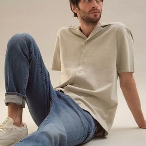 NWT Large Mens Madewell Short Sleeve Easy Knit Camp Collar Button Down Shirt